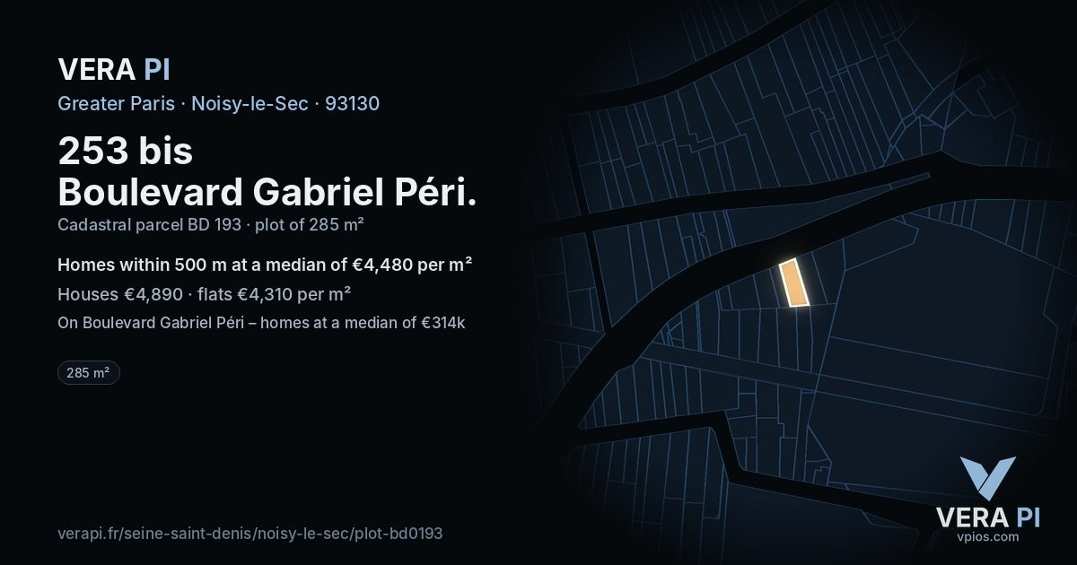 253 bis Boulevard Gabriel Péri, Noisy-le-Sec at night – the plot lit, the parcels around coloured by the prices near them