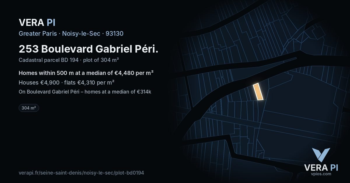 253 Boulevard Gabriel Péri, Noisy-le-Sec at night – the plot lit, the parcels around coloured by the prices near them