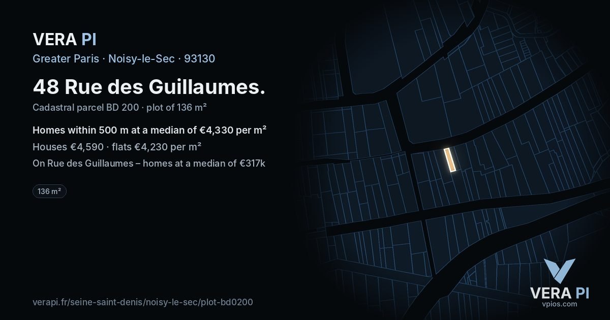 48 Rue des Guillaumes, Noisy-le-Sec at night – the plot lit, the parcels around coloured by the prices near them