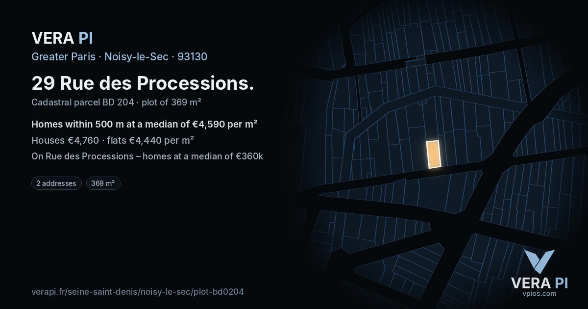 29 Rue des Processions, Noisy-le-Sec at night – the plot lit, the parcels around coloured by the prices near them