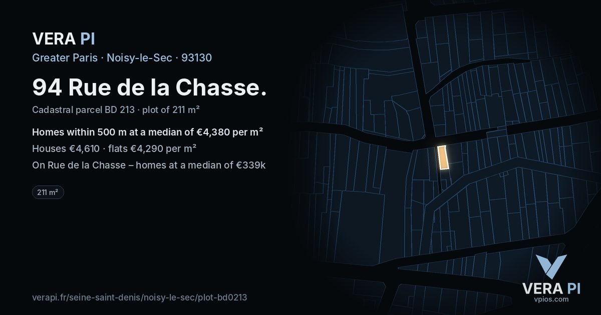 94 Rue de la Chasse, Noisy-le-Sec at night – the plot lit, the parcels around coloured by the prices near them