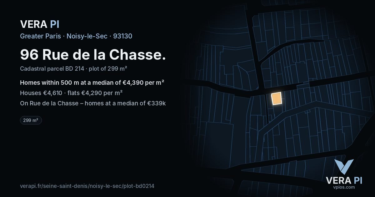 96 Rue de la Chasse, Noisy-le-Sec at night – the plot lit, the parcels around coloured by the prices near them