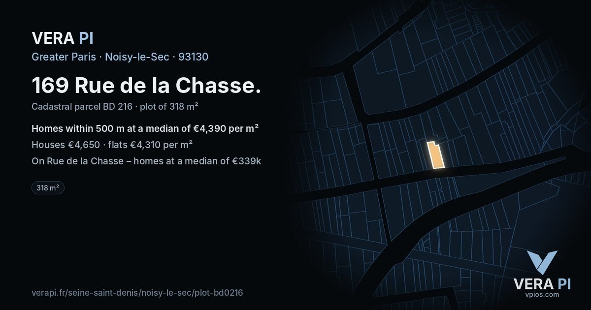 169 Rue de la Chasse, Noisy-le-Sec at night – the plot lit, the parcels around coloured by the prices near them