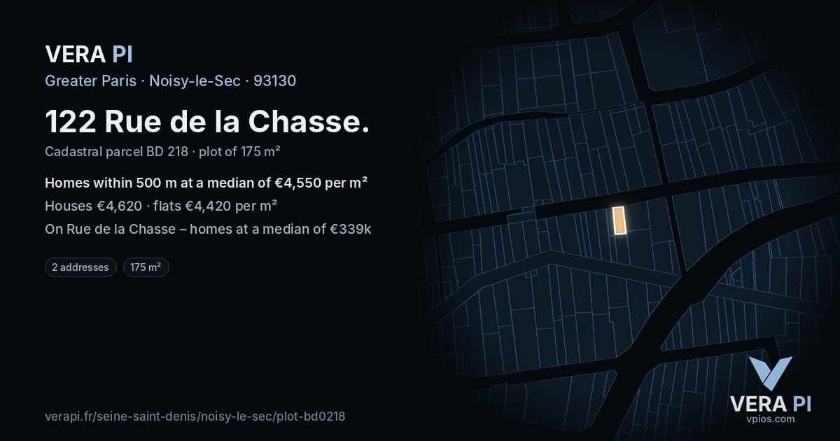122 Rue de la Chasse, Noisy-le-Sec at night – the plot lit, the parcels around coloured by the prices near them