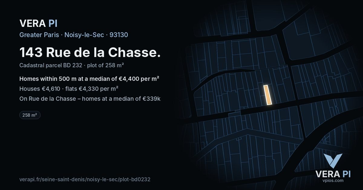 143 Rue de la Chasse, Noisy-le-Sec at night – the plot lit, the parcels around coloured by the prices near them