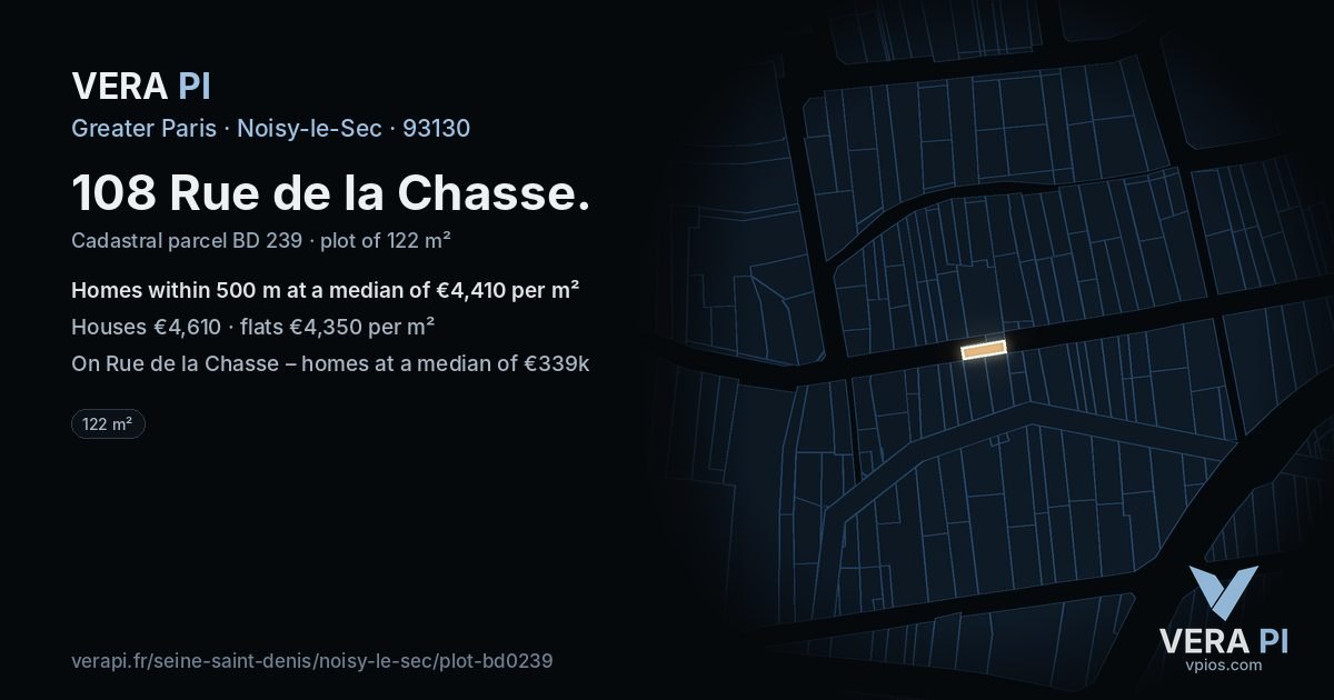 108 Rue de la Chasse, Noisy-le-Sec at night – the plot lit, the parcels around coloured by the prices near them