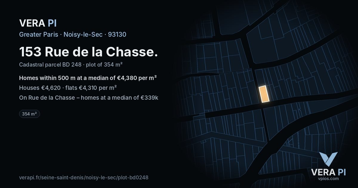 153 Rue de la Chasse, Noisy-le-Sec at night – the plot lit, the parcels around coloured by the prices near them