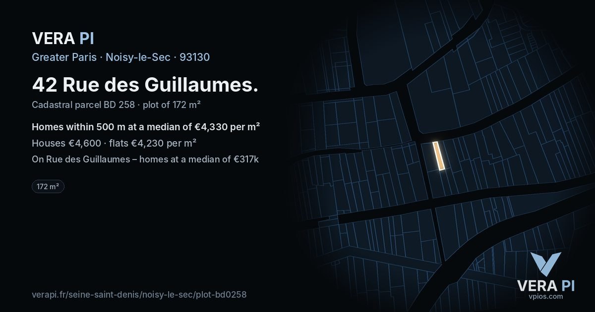 42 Rue des Guillaumes, Noisy-le-Sec at night – the plot lit, the parcels around coloured by the prices near them
