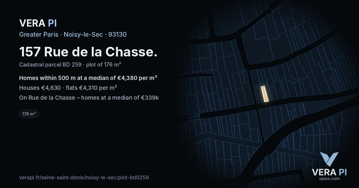 157 Rue de la Chasse, Noisy-le-Sec at night – the plot lit, the parcels around coloured by the prices near them