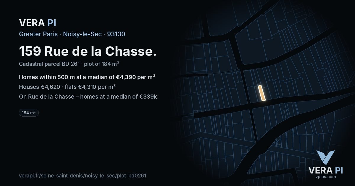 159 Rue de la Chasse, Noisy-le-Sec at night – the plot lit, the parcels around coloured by the prices near them