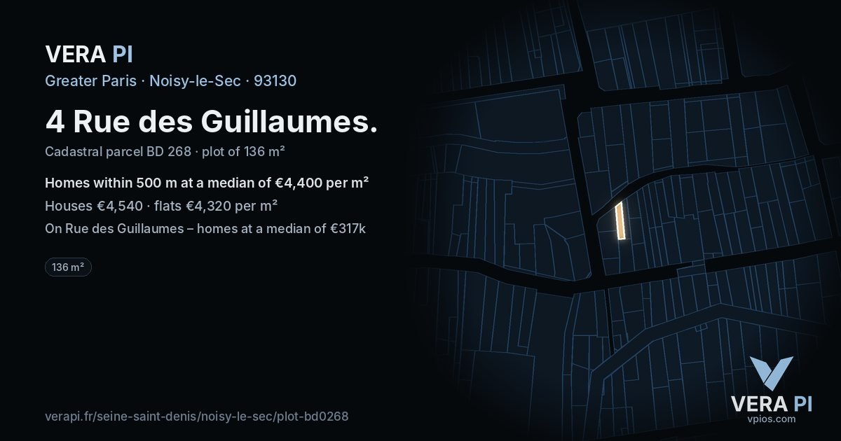 4 Rue des Guillaumes, Noisy-le-Sec at night – the plot lit, the parcels around coloured by the prices near them