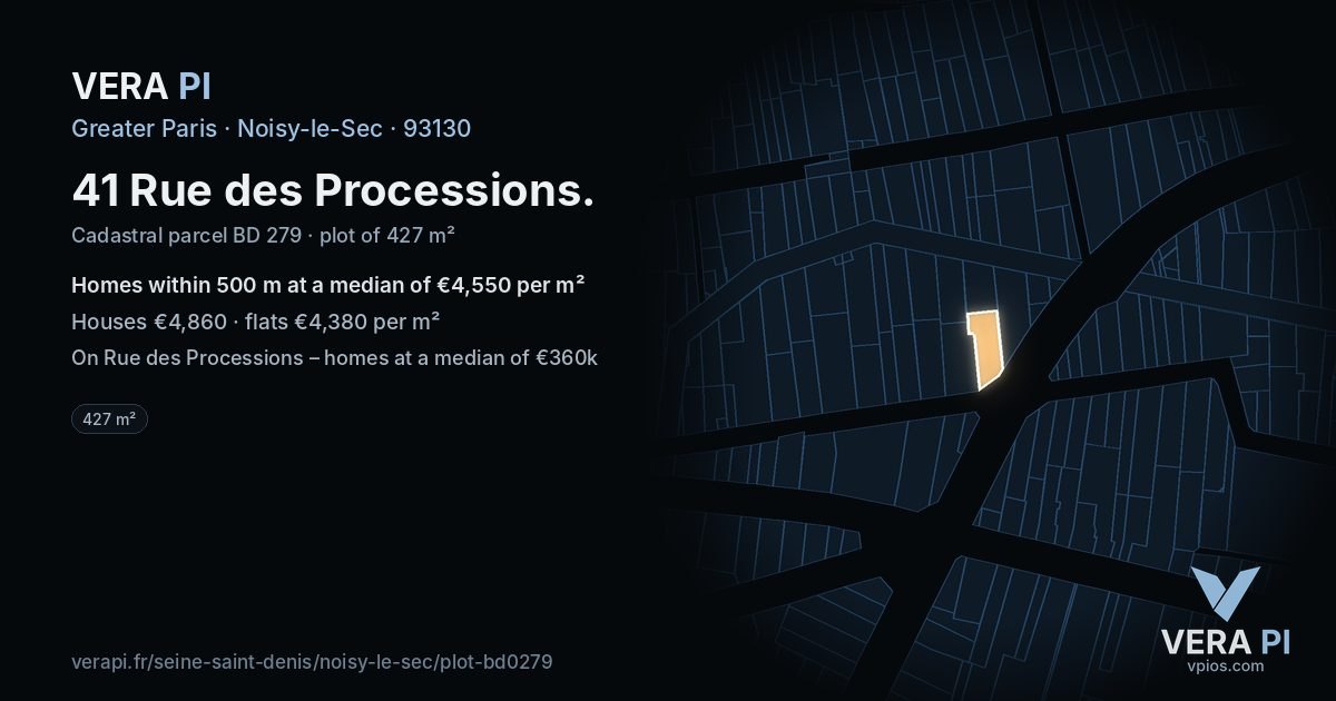 41 Rue des Processions, Noisy-le-Sec at night – the plot lit, the parcels around coloured by the prices near them