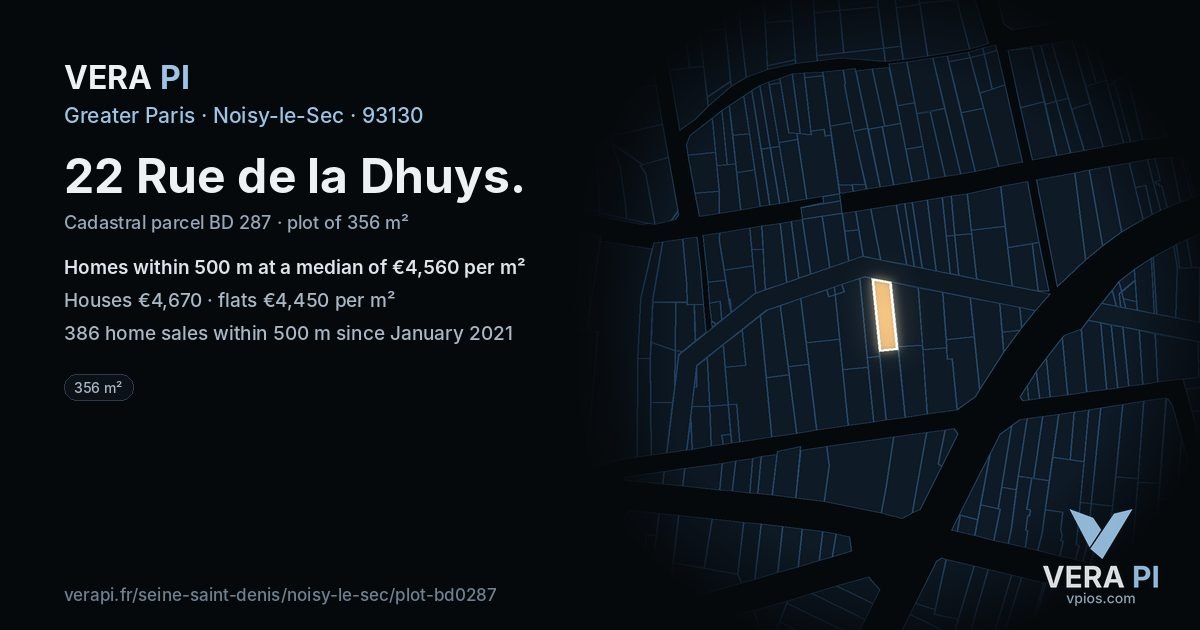 22 Rue de la Dhuys, Noisy-le-Sec at night – the plot lit, the parcels around coloured by the prices near them