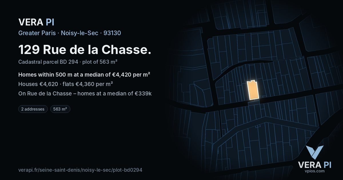 129 Rue de la Chasse, Noisy-le-Sec at night – the plot lit, the parcels around coloured by the prices near them