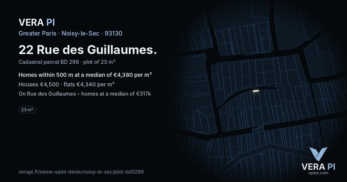 22 Rue des Guillaumes, Noisy-le-Sec at night – the plot lit, the parcels around coloured by the prices near them