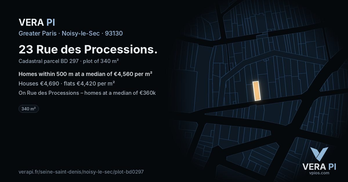 23 Rue des Processions, Noisy-le-Sec at night – the plot lit, the parcels around coloured by the prices near them