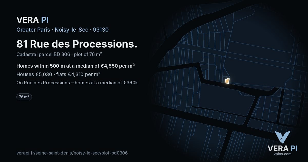 81 Rue des Processions, Noisy-le-Sec at night – the plot lit, the parcels around coloured by the prices near them