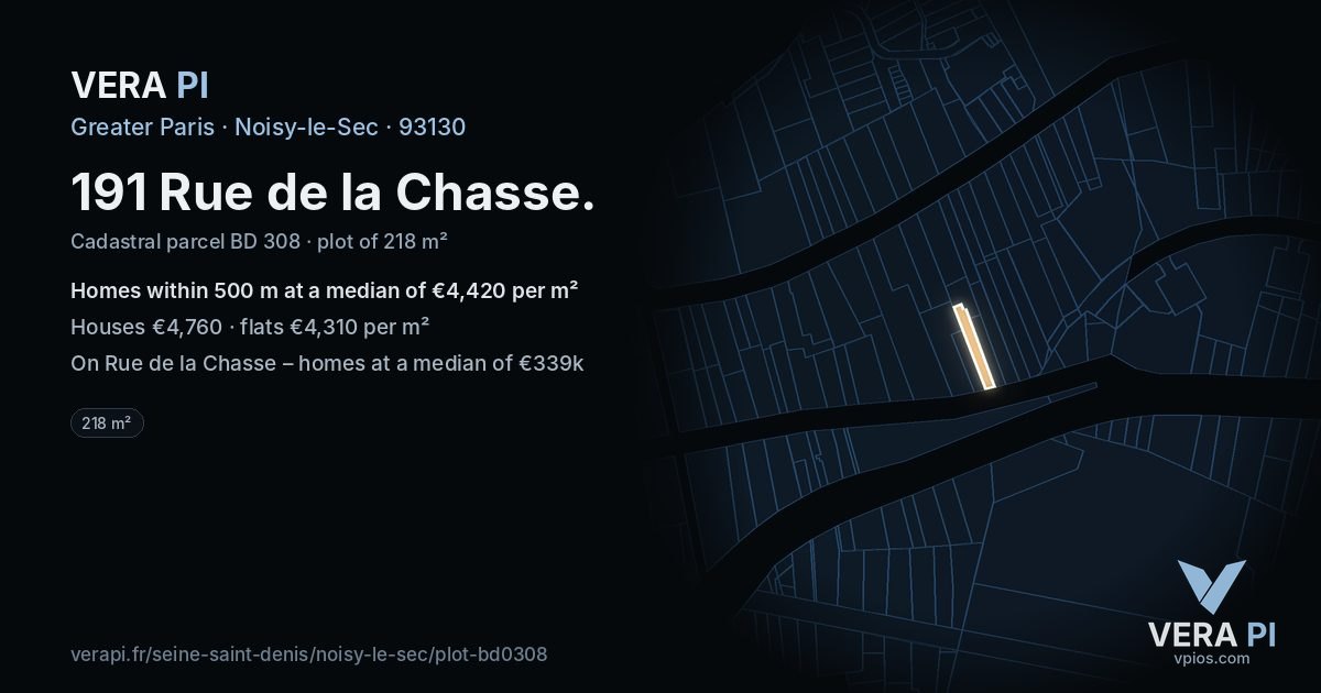 191 Rue de la Chasse, Noisy-le-Sec at night – the plot lit, the parcels around coloured by the prices near them