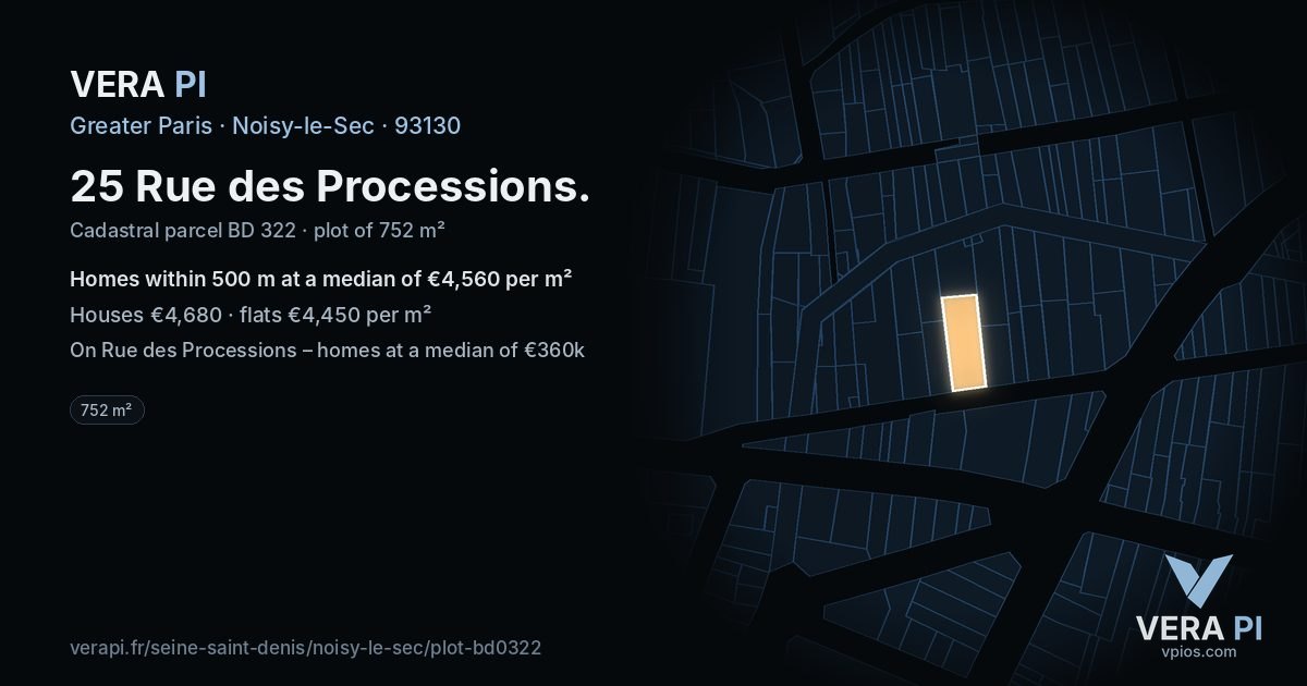 25 Rue des Processions, Noisy-le-Sec at night – the plot lit, the parcels around coloured by the prices near them