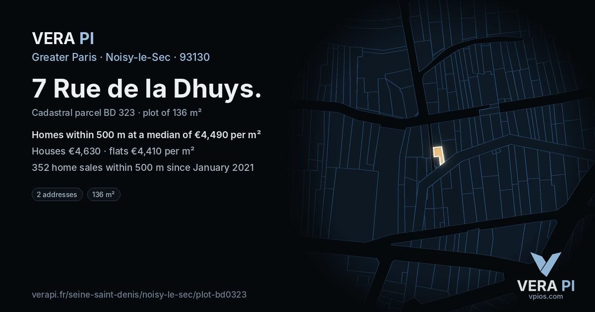 7 Rue de la Dhuys, Noisy-le-Sec at night – the plot lit, the parcels around coloured by the prices near them