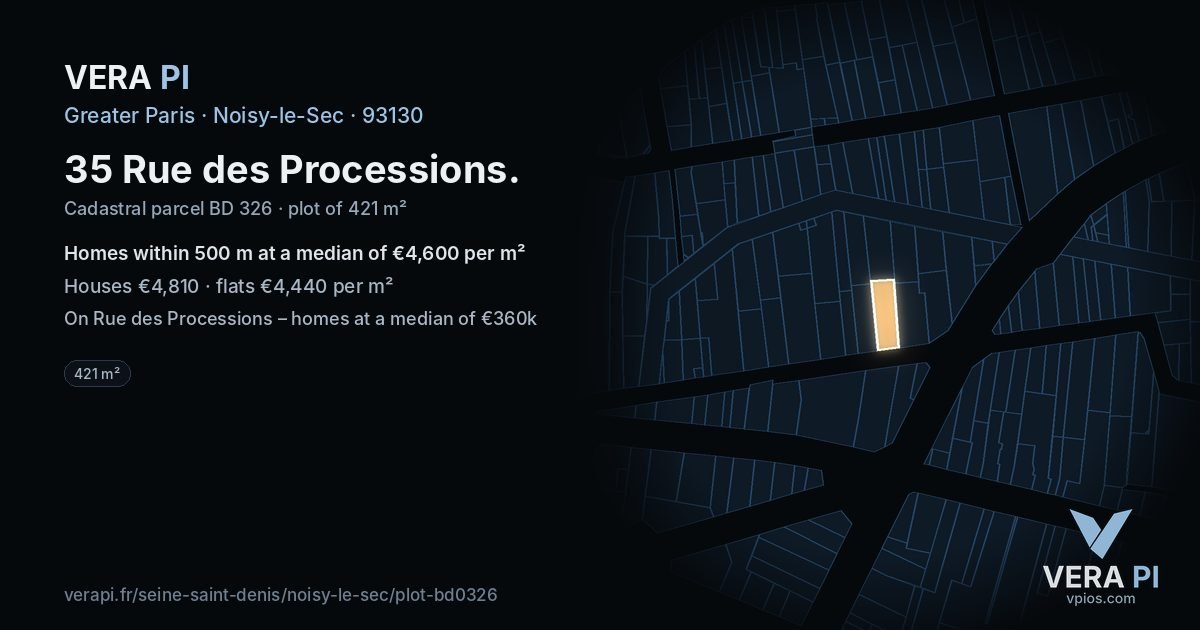 35 Rue des Processions, Noisy-le-Sec at night – the plot lit, the parcels around coloured by the prices near them