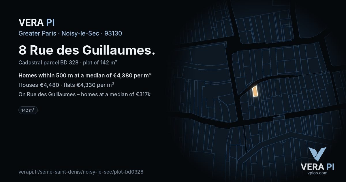 8 Rue des Guillaumes, Noisy-le-Sec at night – the plot lit, the parcels around coloured by the prices near them