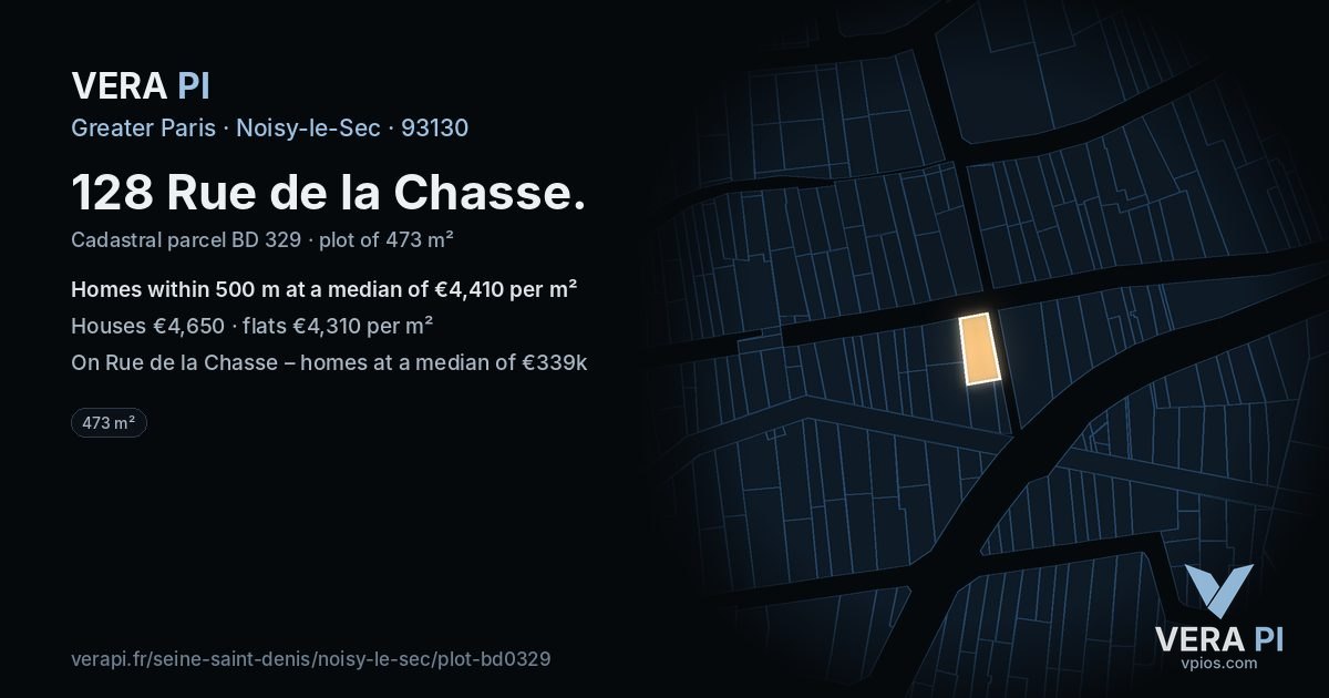 128 Rue de la Chasse, Noisy-le-Sec at night – the plot lit, the parcels around coloured by the prices near them