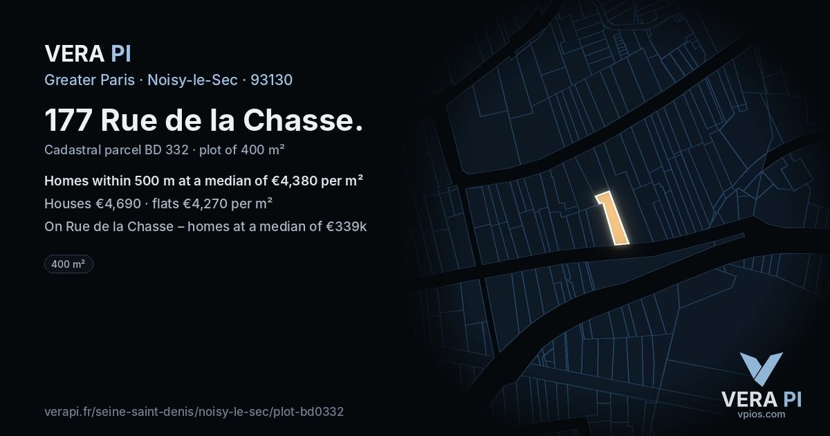 177 Rue de la Chasse, Noisy-le-Sec at night – the plot lit, the parcels around coloured by the prices near them