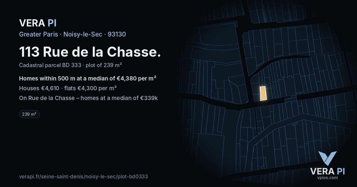 113 Rue de la Chasse, Noisy-le-Sec at night – the plot lit, the parcels around coloured by the prices near them