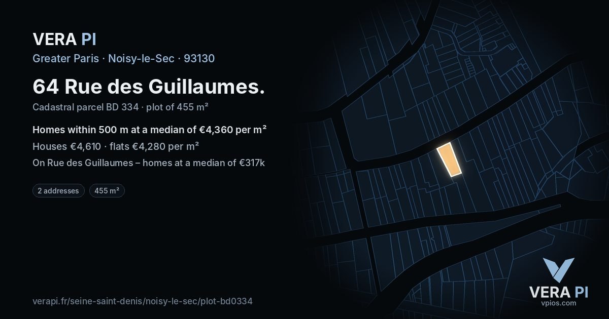 64 Rue des Guillaumes, Noisy-le-Sec at night – the plot lit, the parcels around coloured by the prices near them