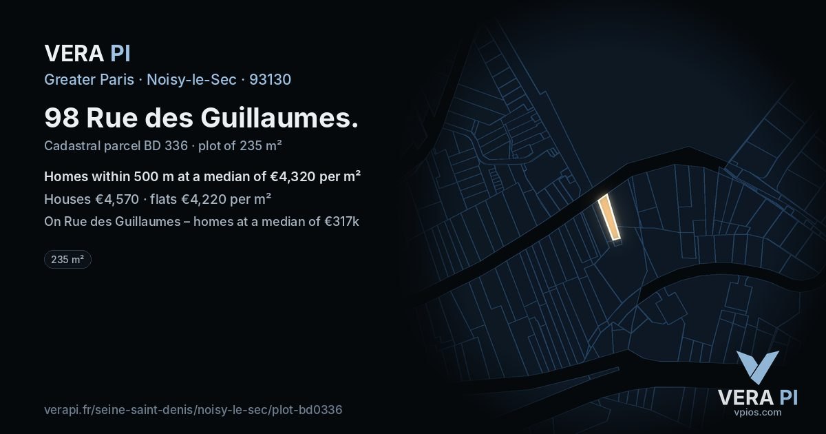 98 Rue des Guillaumes, Noisy-le-Sec at night – the plot lit, the parcels around coloured by the prices near them