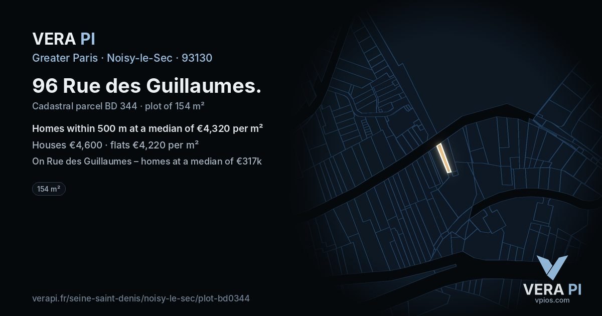 96 Rue des Guillaumes, Noisy-le-Sec at night – the plot lit, the parcels around coloured by the prices near them