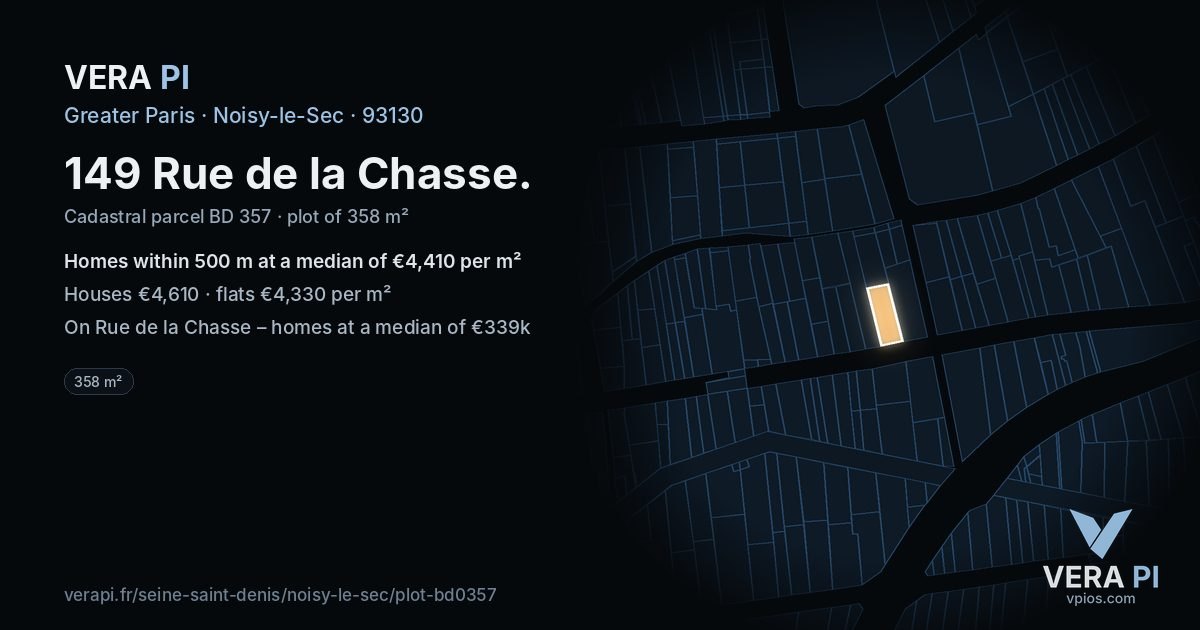 149 Rue de la Chasse, Noisy-le-Sec at night – the plot lit, the parcels around coloured by the prices near them