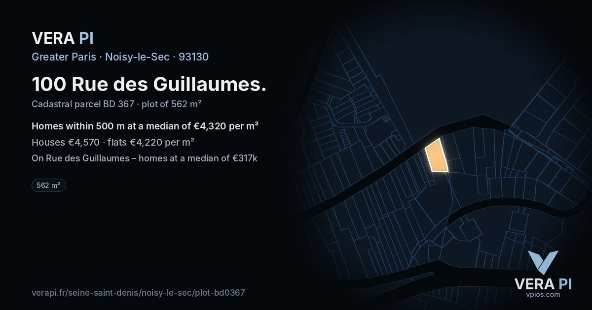 100 Rue des Guillaumes, Noisy-le-Sec at night – the plot lit, the parcels around coloured by the prices near them