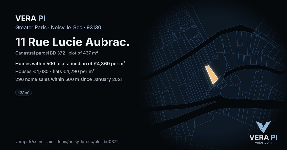 11 Rue Lucie Aubrac, Noisy-le-Sec at night – the plot lit, the parcels around coloured by the prices near them