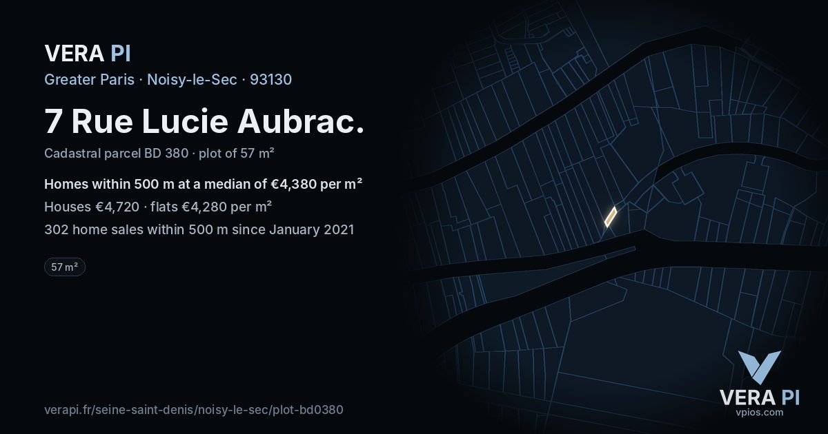 7 Rue Lucie Aubrac, Noisy-le-Sec at night – the plot lit, the parcels around coloured by the prices near them