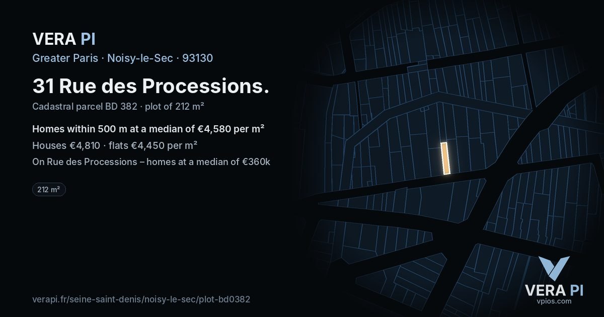 31 Rue des Processions, Noisy-le-Sec at night – the plot lit, the parcels around coloured by the prices near them