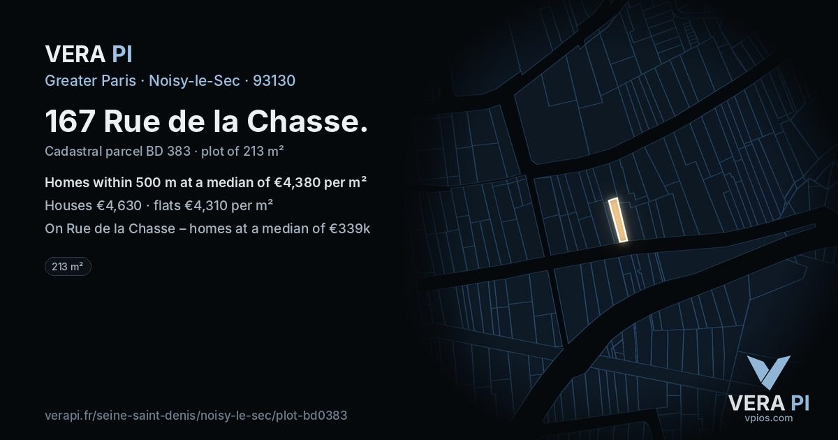 167 Rue de la Chasse, Noisy-le-Sec at night – the plot lit, the parcels around coloured by the prices near them