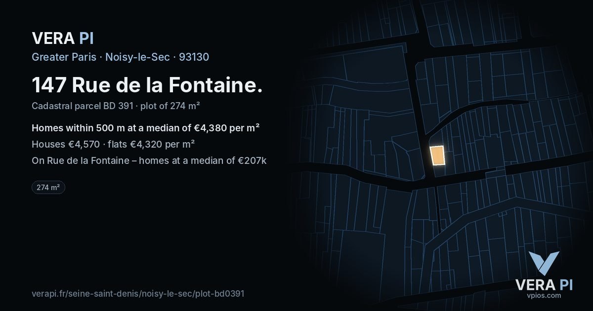 147 Rue de la Fontaine, Noisy-le-Sec at night – the plot lit, the parcels around coloured by the prices near them