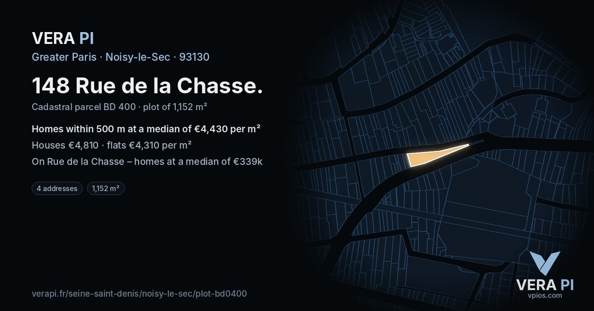 148 Rue de la Chasse, Noisy-le-Sec at night – the plot lit, the parcels around coloured by the prices near them