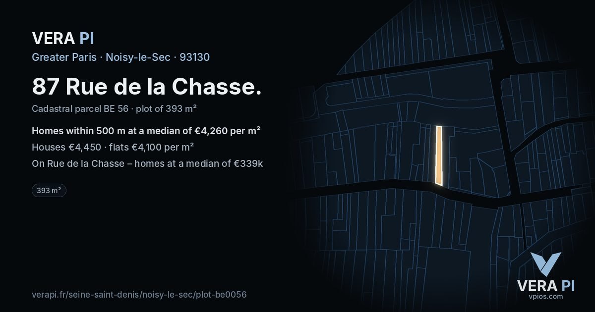 87 Rue de la Chasse, Noisy-le-Sec at night – the plot lit, the parcels around coloured by the prices near them