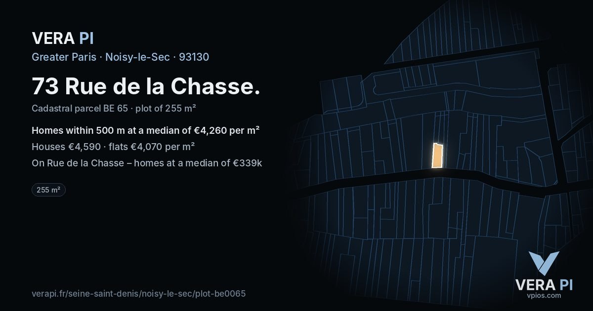 73 Rue de la Chasse, Noisy-le-Sec at night – the plot lit, the parcels around coloured by the prices near them
