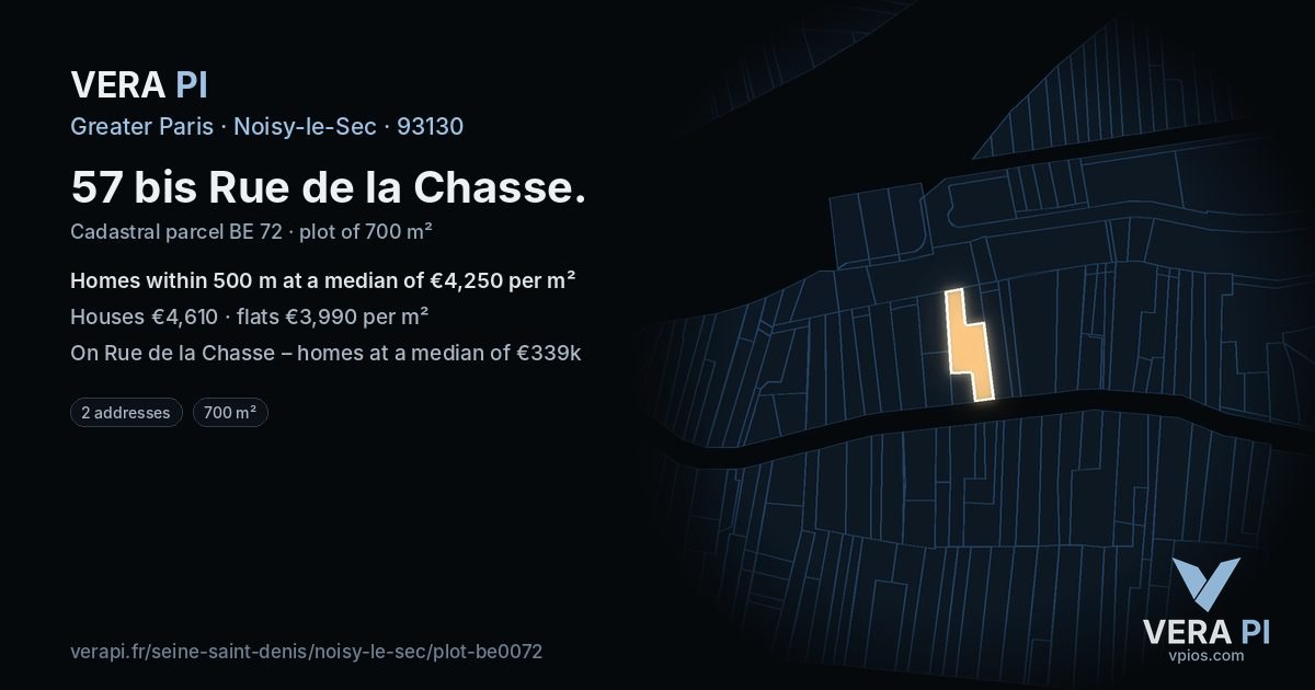 57 bis Rue de la Chasse, Noisy-le-Sec at night – the plot lit, the parcels around coloured by the prices near them