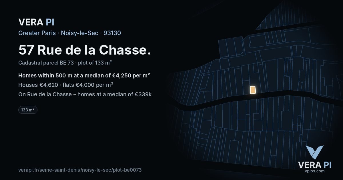 57 Rue de la Chasse, Noisy-le-Sec at night – the plot lit, the parcels around coloured by the prices near them
