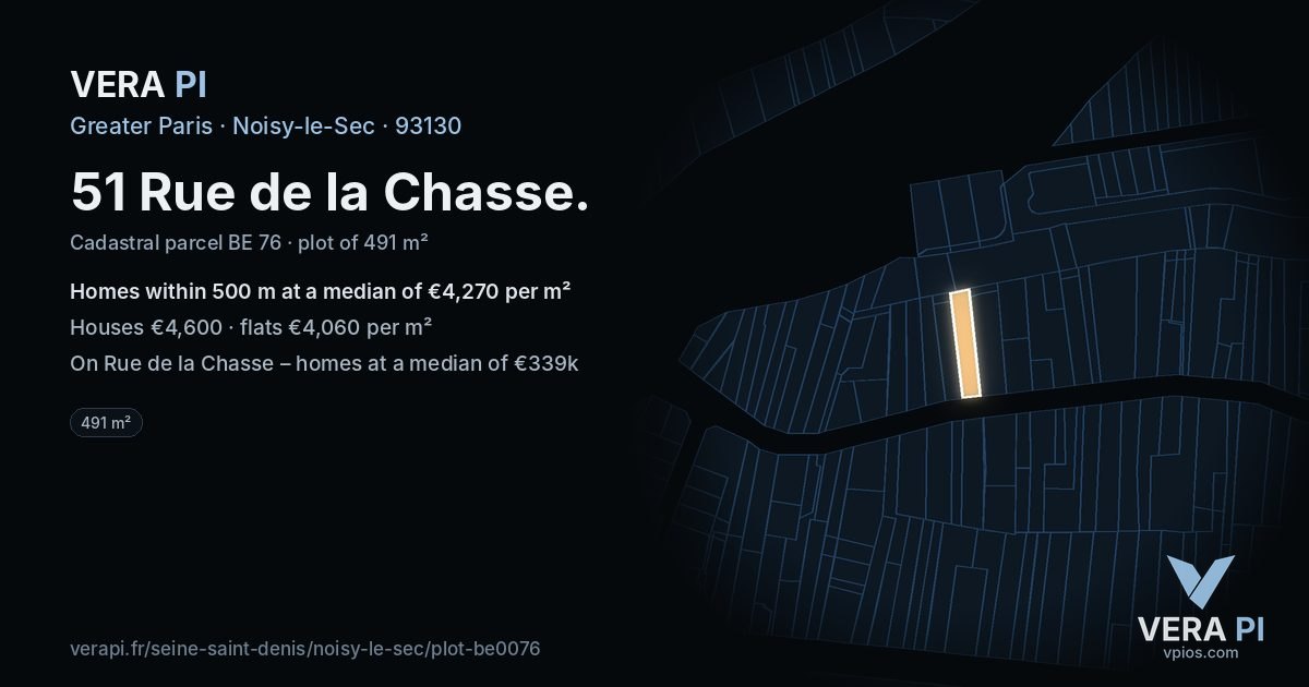 51 Rue de la Chasse, Noisy-le-Sec at night – the plot lit, the parcels around coloured by the prices near them