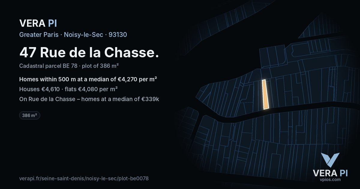 47 Rue de la Chasse, Noisy-le-Sec at night – the plot lit, the parcels around coloured by the prices near them