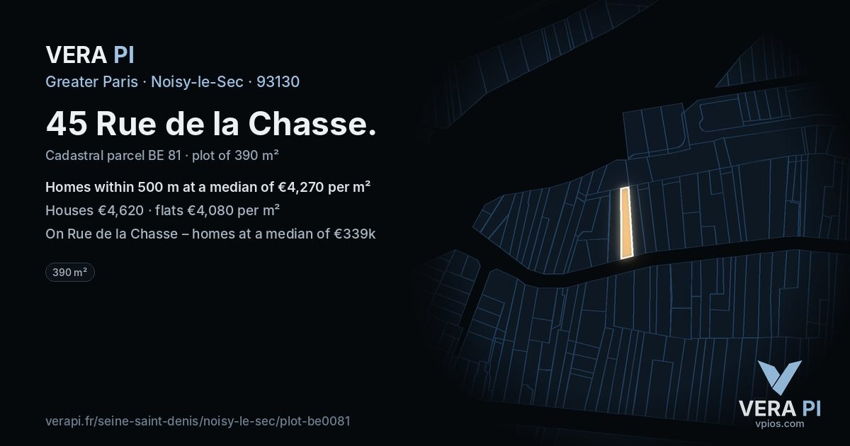 45 Rue de la Chasse, Noisy-le-Sec at night – the plot lit, the parcels around coloured by the prices near them