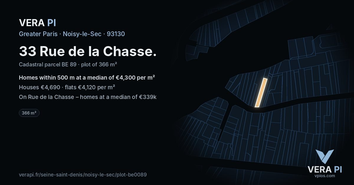 33 Rue de la Chasse, Noisy-le-Sec at night – the plot lit, the parcels around coloured by the prices near them