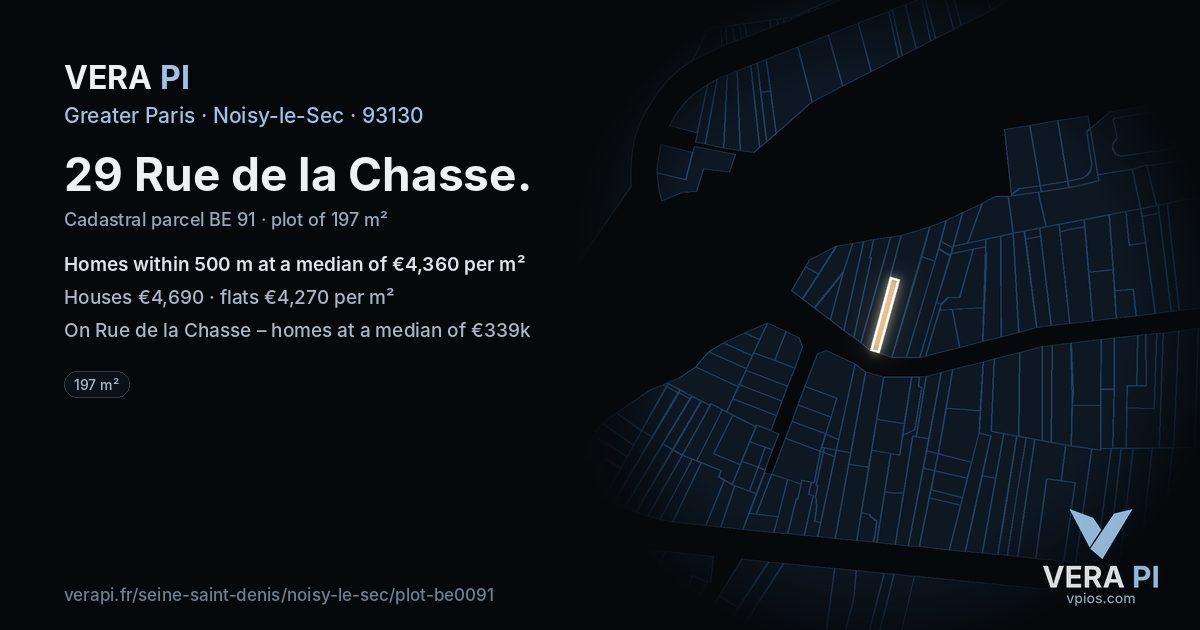 29 Rue de la Chasse, Noisy-le-Sec at night – the plot lit, the parcels around coloured by the prices near them