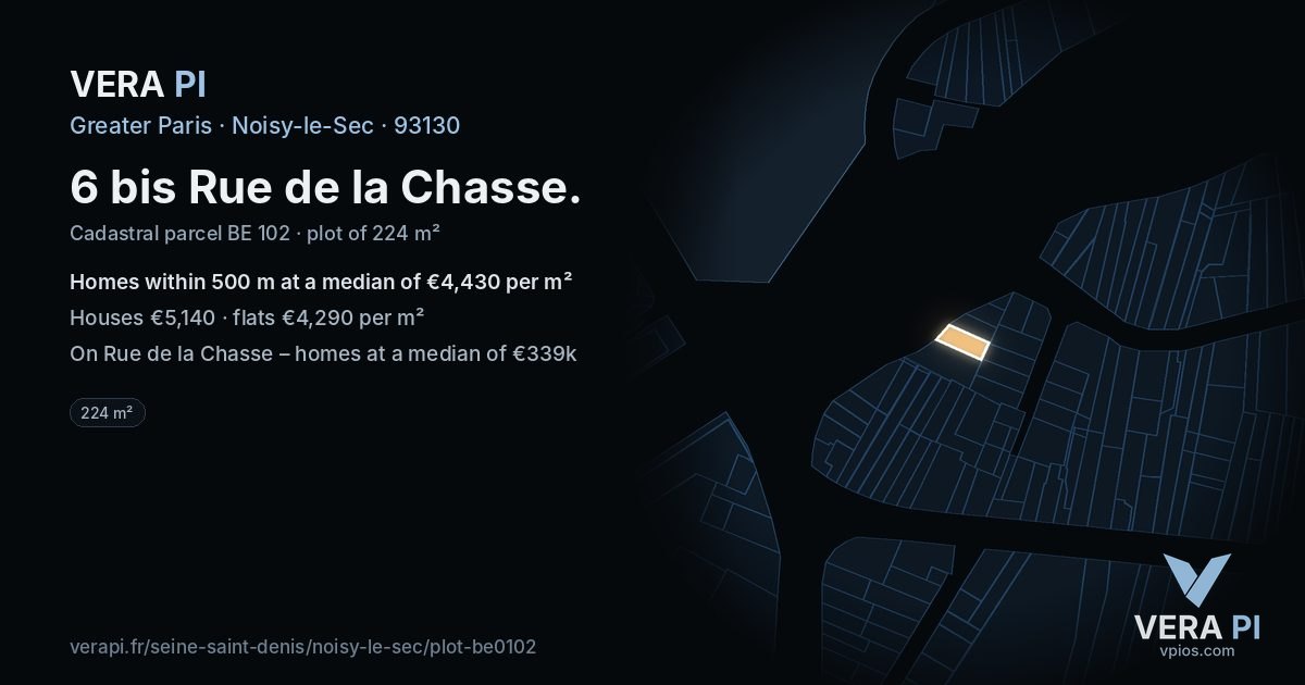 6 bis Rue de la Chasse, Noisy-le-Sec at night – the plot lit, the parcels around coloured by the prices near them
